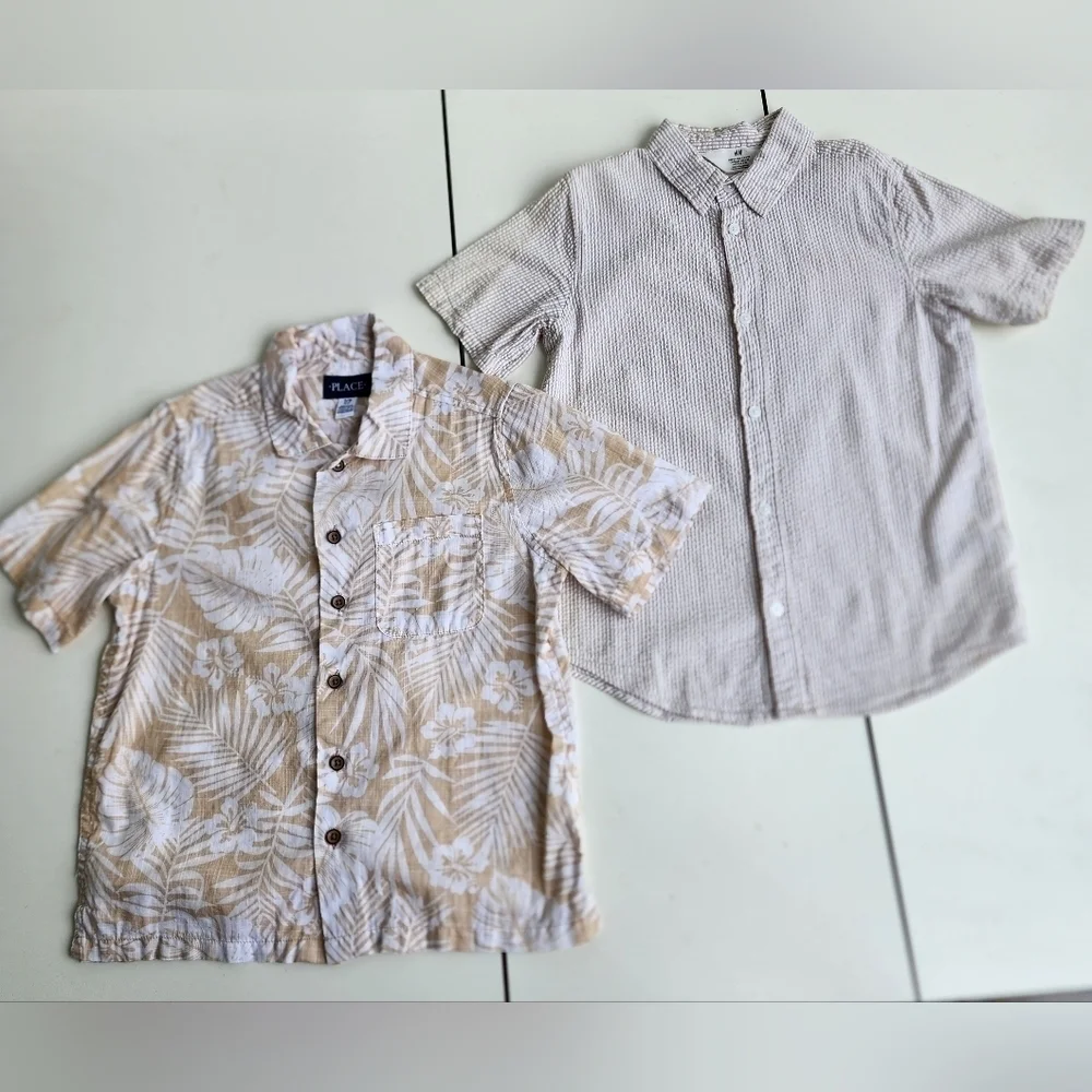 Lot of 2 PLACE H&M Casual Shirts Button Down Cotton Beige Tan Hawaii Sz 7- 8 K